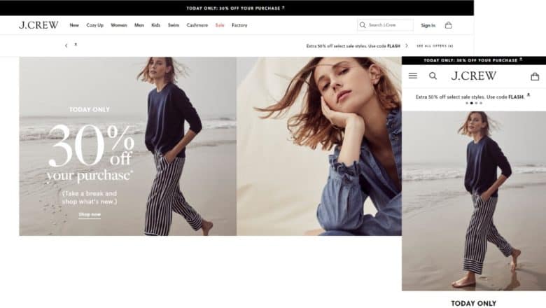 J Crew's mobile and desktop homepage use of static images