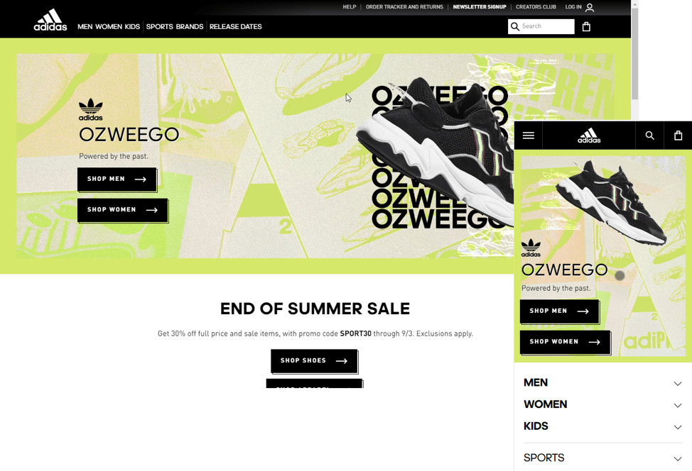 Adidas’ responsive homepage design