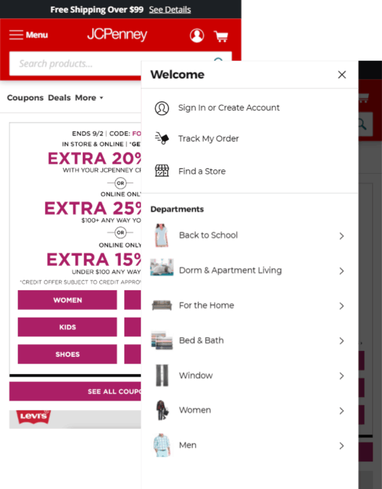 JCPenney's expanded hamburger menu