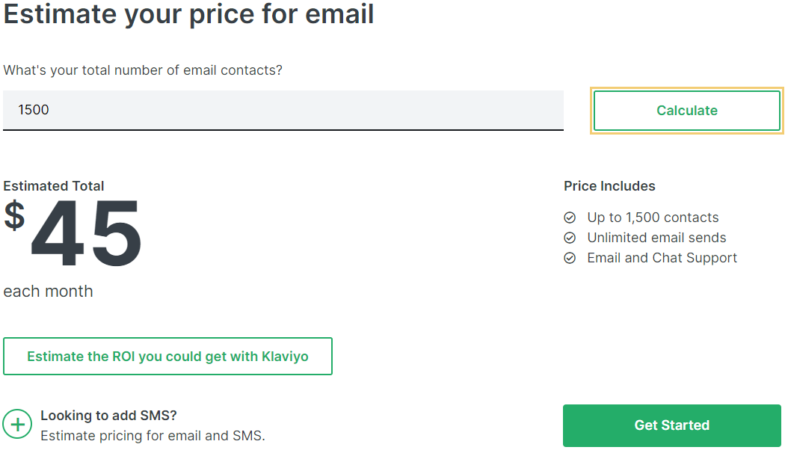 Klaviyo pricing calculation of $45 a month for 1,500 contact