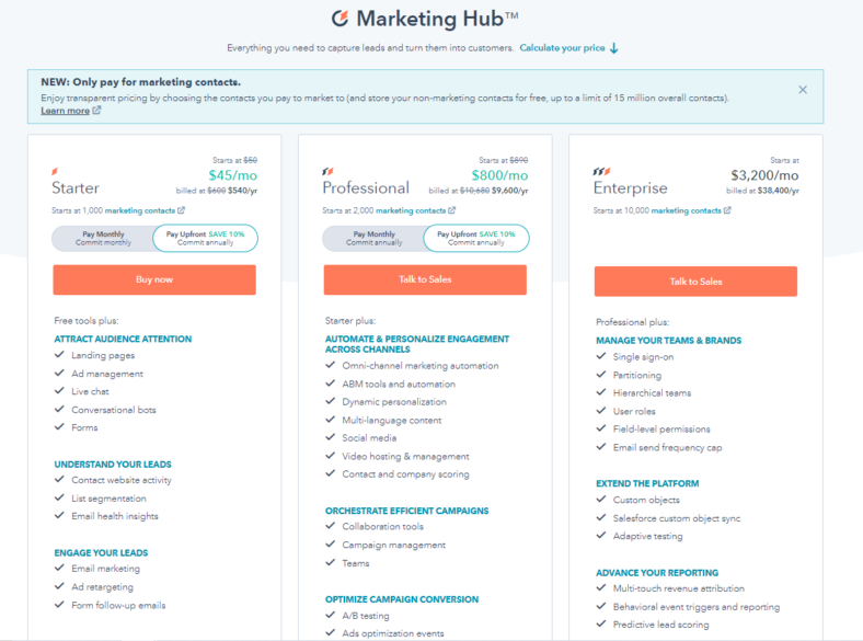 Hubspot pricing packages, starting at $45/mo for the 