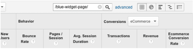 Google Analytics Screenshot. At the top, a search bar contains the text: /blue-widget-page/