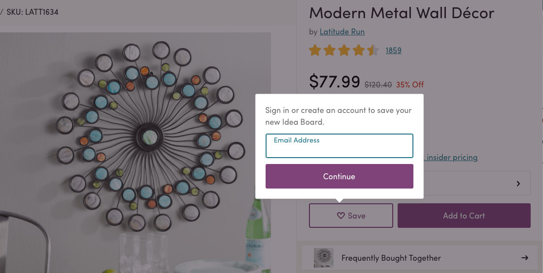 A product detail screenshot. Beside the Add to cart button is a save button. A menu extends upward from the save button with the text: Sign in or create an account to save your new Idea board. 