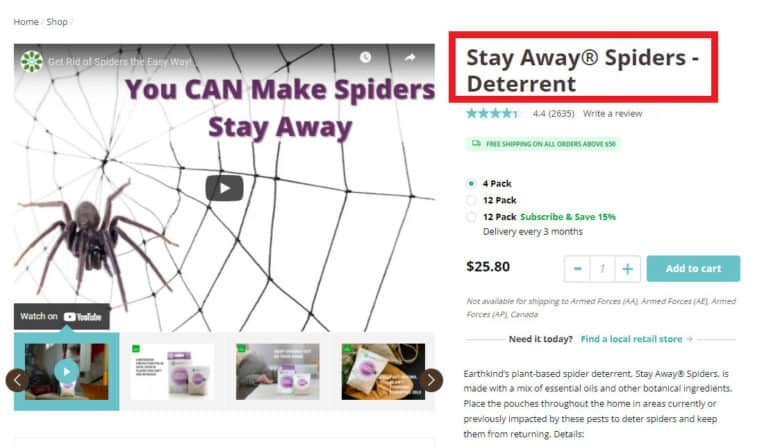 EarthKind product page for Stay Away Spiders. H1: Stay Away Spiders - Deterrent.