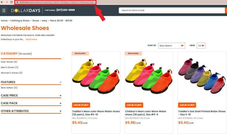 DollarDays.com screenshot of shoe category page, with an arrow pointing to the dynamic URL generated by filter selections