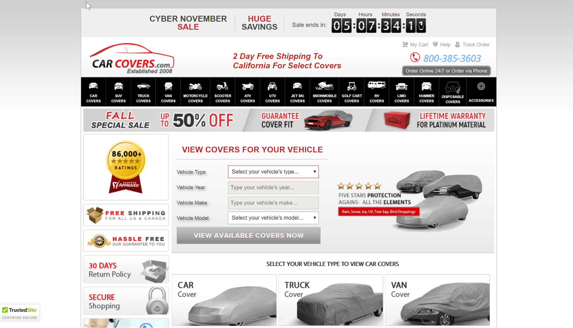 Carcovers.com homepage screenshot with a TrustedSite security badge in the bottom left corner. 