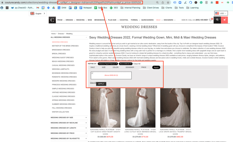 Wedding dress category page for CoutureCandy.com. Applied filters include 