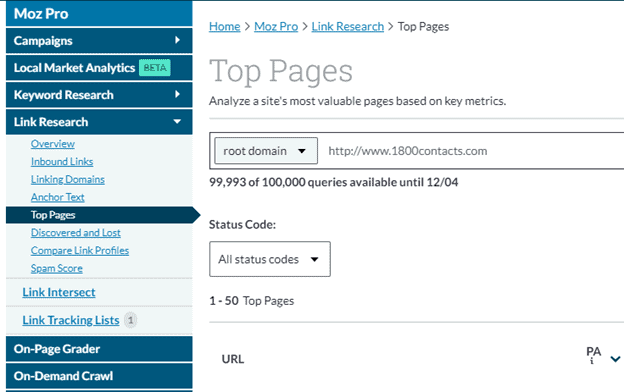 Moz's Link Explorer Top Pages results for "1800contacts.com."