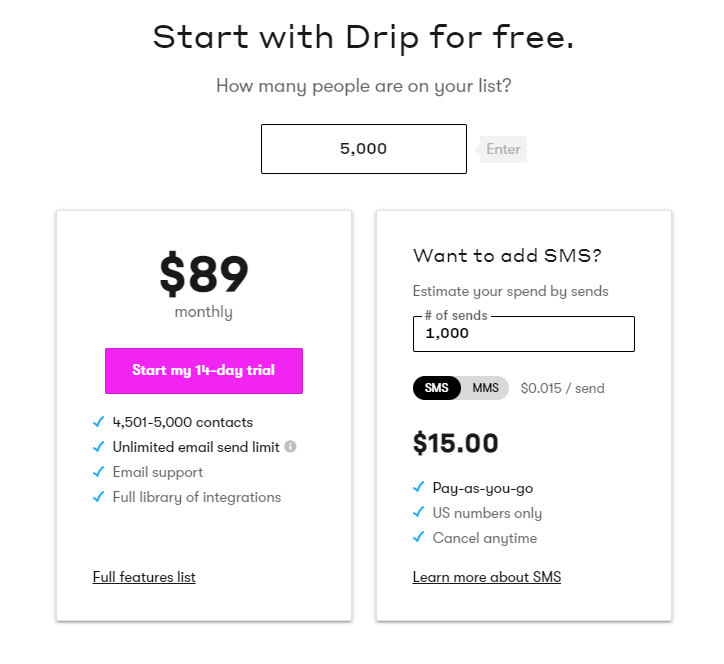 Drip pricing calculator, showing a $89 cost per month for 5,000 contacts.