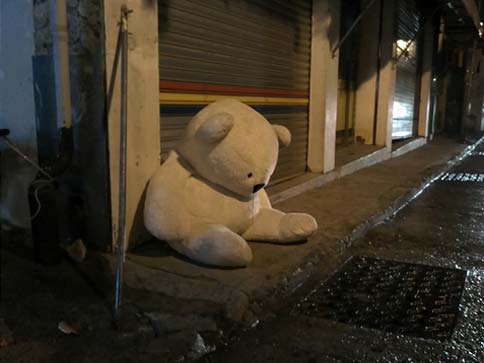 Sad bear slumped in the street