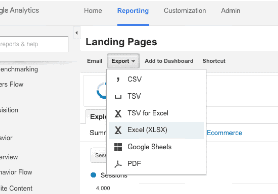 A Google Analytics screenshot. Four tabs across the top: Home, Reporting, Customization, Admin. Reporting is selected. Text at top of page states: Landing Pages. Below are four tabs: Email, Export, Add to Dashboard, Shortcut. Export dropdown is selected. Excel (X L S X) is selected from the dropdown. 