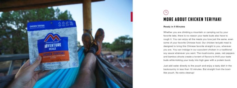 Mountain House webpage product description. On the left, a photograph of a person lying on a hammock holding a chicken teriyaki pouch. On the right, a two-paragraph text titled More about Chicken Teriyaki. 