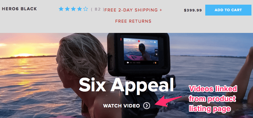 Product detail screenshot for Hero 6. Beneath the product is a video still with a link to watch the video. An arrow pointing to the link labeled: Videos linked from product listing page. 
