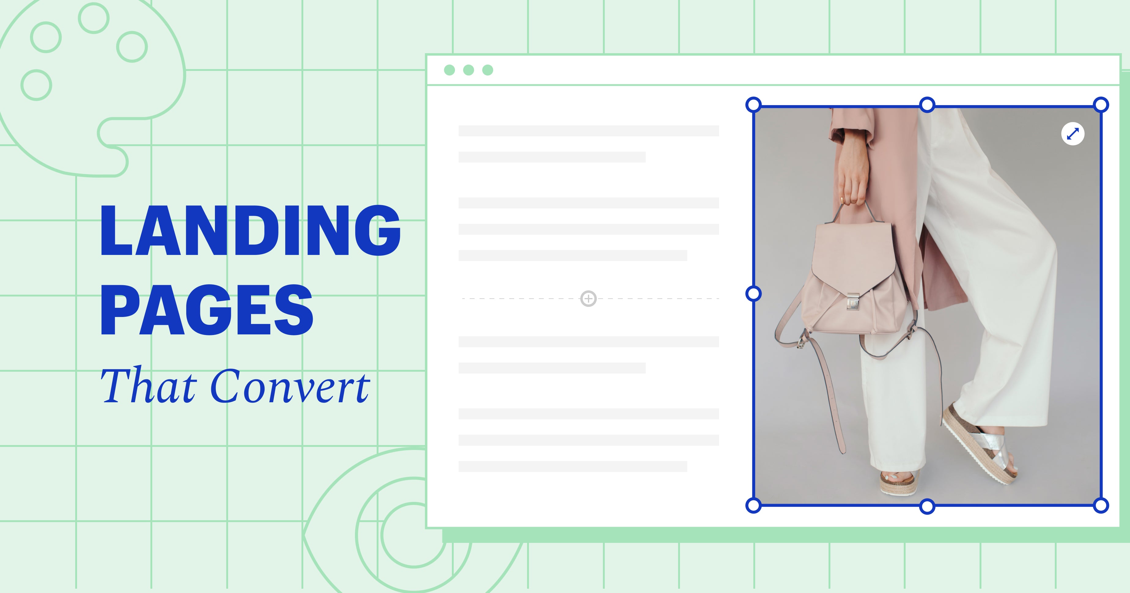 A mock up of a landing page with a woman holding a bag next to the text, landing pages that convert