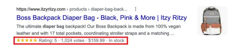 Search engine page result for Boss Backpack Diaper Bag - Black, Pink, & More | Itzy Ritzy. Product schema is highlighted: Rating: 5. 1,024 votes. $159.999. In stock.