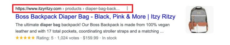 Search engine page result for Boss Backpack Diaper Bag - Black, Pink, & More | Itzy Ritzy. Breadcrumb schema is highlighted: https://www.itzyritzy.com > products > diaper-bag-back...