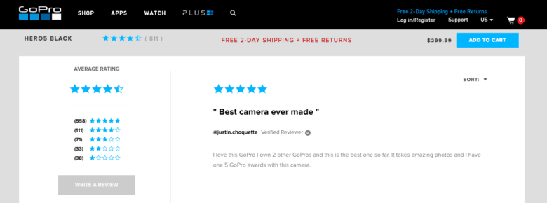 Go Pro Review section for Hero5 with 558 five star reviews, 111 four star, 71 three star, 33 two star, and 38 one star. 
