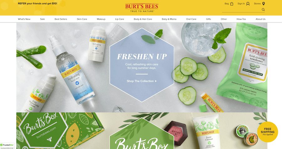 Burt's Bees homepage screenshot with a TrustedSite security badge in the bottom left corner. 