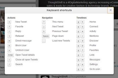 Screen capture of keyboard shortcuts