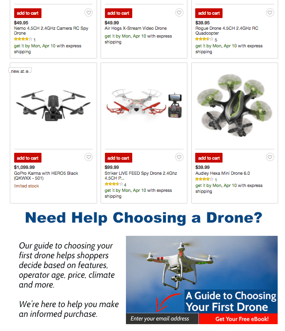 Target product grid screenshot. Beneath the product grid is a section titled Need Help Choosing a Done? A textbox to enter your email address to receive a guide to choosing your first drone. 
